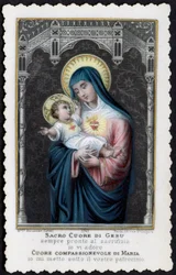 Fromme billede: Jesus som et barn i armene på sin mor Maria, med det hellige hjerte (gravering)