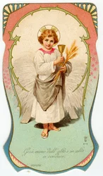 Fromma bild: Jesus kommer från ovan och leder oss till toppen (kromolitografi)