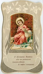 Fromma bild: Jesus med två lamm (kromolitografi)