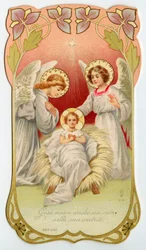 Fromma bild: Jesu födelse med två änglar (kromolitografi)
