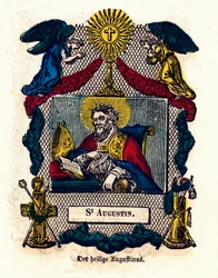 Fromma bild: Saint Augustine (Augustinus av Hippo (354 - 430), eveque och läkare i kyrkan, författare till Regeln om Saint Augustine och bekännelser). Gravyr av 1800-talets privatsamling
