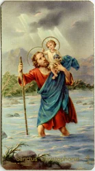 Fromma bild: St Christophorus korsar Jordan med den unge Jesus på ryggen (kromolitografi)