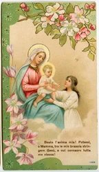 Fromma bild: Jungfru med barn, en from flicka tar Jesus i sin famn (kromolitografi)