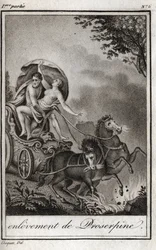 Pluto (Hades) tar Persephone (Proserpine) framför sin mamma, Ceres (Demeter), och tar honom till underjordens rike. Pluto bär bort Persefone till sitt rike, underjorden, i grekisk mytologi. Gravyr från 1819 i ”Lettres a Emilie s
