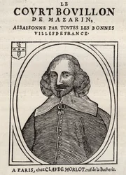 Politiska pamfletter Mazarinade (politisk broschyr under slungan), populär bild mot Mazarin om hans pensionering i Bouillon (Le court broth de Mazarin). Privat samling.