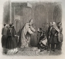 Påven St. Pius V (Pius eller Pio) (1566-1572) tar emot vinnaren av slaget vid Lepante. Gravyr från 1846 i "" Lives of the saints"". Privat samling.