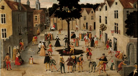 Populär tradition: "" Populär fest runt Arbre de Mai (alm) i Paris"" Anonym målning. 1500-talet sön. 0,7x1,3 m Paris, Musee Carnavalet