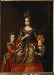 ""Porträtt av Anastasia Naryshkina, hustru till guvernören i Sankt Petersburg, och hennes döttrar Alexandra och Tatyana"" Anonym målning, tidigt 1700-tal Dim 180x130,8 cm Tretyakov-galleriet, Moskva
