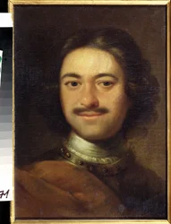 Porträtt av kejsaren Peter I den store (1672-1725) (Porträtt av kejsaren Peter I den store). Anonym målning. Olja på duk, 48,5 x 37 cm, tidigt 1700-tal. Klassicism. State Central Navy Museum, Sankt Petersburg.