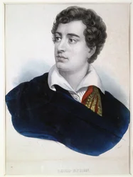 Porträtt av poeten Lord George Noel Byron (1788-1824) (Porträtt av poeten Lord G.N.Byron). Anonym litografi, förstärkt med akvarell, tidigt 1800-tal. Engelsk konst, romantik. A. Pushkin Memorial Museum, Sankt Petersburg.