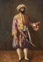 ""Porträtt av Sveriges kung Karl XV (1826-1872) i turkisk dräkt"" (Porträtt av kung Karl XV av Sverige i turkisk klänning) Anonym målning 1800-talet Dim 28,5x20,5 cm Privat samling