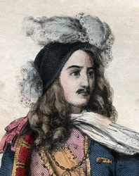 Porträtt av Anne Hilarion de Costentin (Cotentin), greve av Tourville (1642-1701) (amiral Tourville), fransk sjöbefälhavare. illustration från ""The French Plutarch"" av Edmond Mennechet