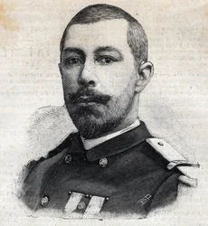 Porträtt av Antoine Mizon (1853-1899) fransk upptäcktsresande i Afrika. Gravyr i "" Le Peute Parisien""