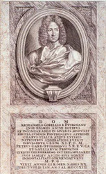 Porträtt av Arcangelo Corelli (1653-1713) italiensk kompositör och violinist Gravyr. Milanesisk privatsamling från 1700-talet