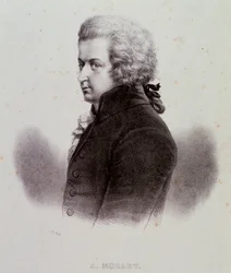Porträtt av den österrikiska kompositören Wolfgang Amadeus Mozart (1756-1791) Gravyr. 1800-talet. Milanesisk privatsamling