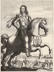 Porträtt av Bernard av Sachsen Weimar (Sachsen-Weimar) (1604-1639) med representation av tillfångatagandet av Johannes av Werth av hertig Bernard och hertig av Rohan. Gravyr från 1600-talet. Privat samling.