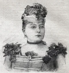 Porträtt av Eugenie Weiss, känd som Jenny friherrinnan von Rahden, medlem av en brasiliansk cirkustrupp och författare till boken „Ryttarinnans roman“, dödad av sin make. Gravyr i „Le Petit Parisien“ den 3/09/1893.