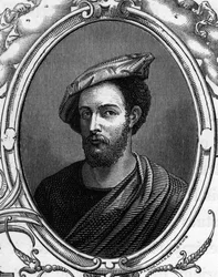 Porträtt av Francesco Primaticcio, känd som The Primatice (1504 - 1570) italiensk målare. gravyr av 1859 i "" gallerierna i Europa - Italien "" av armengaud. Privat samling.