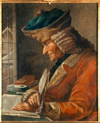 Porträtt av Francois Marie Arouet Voltaire (1694-1778) i hans arbetsskåp 1700-talsmålning. Dämpa. 0,43 x 0,35 m Paris, musee Carnavalet - Porträtt av Francois Marie Arouet Voltaire (1694-1778) i hans arbetsrum. 18:e centerns målning. 0,43 x 0,35 m