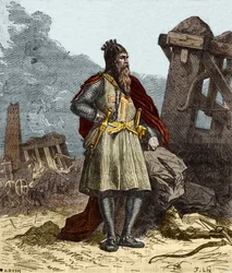 Porträtt av Fredrik I av Hauhenstaufen känd som Frederic Barberousse (Federico Barbarossa) (1122-1190), tysk romersk kejsare. Gravyr av 1800-talet.