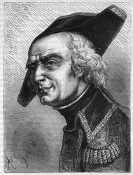 Porträtt av general Luc Simeon Auguste Dagobert (1736-1794). Gravyr från 1866 i "Histoire de la Revolution francaise"" av Adolphe Thiers. Privat samling.