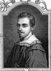 Porträtt av Giulio Cesare Procaccini (1574-1625) italiensk målare. Gravyr av 1859 i "" gallerierna i Europa - Italien "" av armengaud. Privat samling.