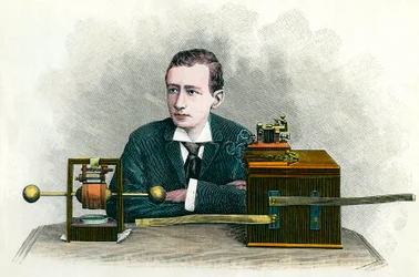 Porträtt av Guglielmo Marconi (1874-1937), italiensk fysiker och uppfinnare av telegrafen. Gravyr omkring 1900. Privat samling