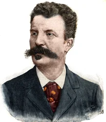 Porträtt av Guy de Maupassant (1850-1893), fransk författare. Gravyr i «Le Petit Parisien»