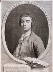 Porträtt av den italienske kastraten Carlo Broschi kallad Farinelli (gravyr. 1735)