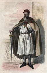 Porträtt av Jacques av Molay (Jacques de Molay) (Molai) (1243-1314), Tempelriddarnas stormästare. illustration från ""The French Plutarch"" av Edmond Mennechet