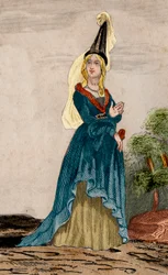 Porträtt av Jeanne av Flandern (1295-1374), hustru till Jean de Montfort, hertig av Bretagne (1293-1345). Gravyr från 1859 i "" Le Monde. Alla folks historia från de mest avlägsna tiderna till våra dagar”. av M. E. de Lostalot-Bachoue (Lostalot Bachoue). P