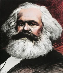 Porträtt av Karl Marx, tysk filosof, ekonom och revolutionär (gravyr