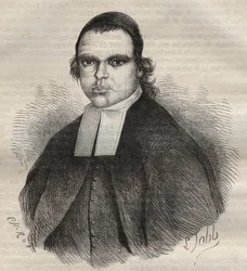 Porträtt av Louis Bonafous, i religionen broder Léotade, anklagad för våldtäkt och mord. Han dog i straffkolonin i Toulon den 27 jan. 1850. Gravyr i „Histoire des bagnes depuis leur création à nos jours“ (1877) av Pierre Zaccone (1817-1895) (Straffkoloni