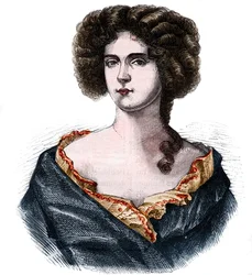 Porträtt av Louise de Keroualle (1649-1734), hertiginna av Portsmouth och älskarinna till Charles II (1630-1685). Gravyr i "Historia om prostitution och utsvävningar i jordens folk från antiken till våra dagar"" av Dr Th. -F. Debray. 1879.