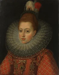 Porträtt av Margareta av Österrike (1584-1611) drottning av Spanien, ca 1600 (olja på koppar)