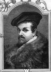 Porträtt av Pier Francesco Mazzucchelli dit il Morazzone (1573-1626) italiensk målare. 1859 gravyr i "" gallerierna i Europa - Italien"" av Armandaud. Privat samling.