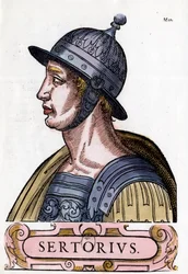 Porträtt av Quintus Sertorius (123-72 f.Kr.), romersk fältherre. Gravyr. Privat samling.