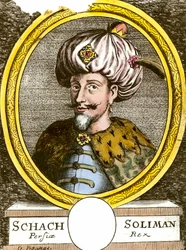 Porträtt av Soliman (Suleyman) I den magnifika (1494-1566), ottomansk gravyr från sultanen från 1700-talet. Privat samling