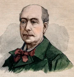 Porträtt av Theodore de Banville (1823-1891), fransk poet. Gravyr i "" Le petit Parisien"" från 1891. Privat samling.