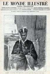 Porträtt av Tofa I (Toffa) (cirka 1850-1908), kung av Dahomey (Benin) till Porto Novo (Porto-Novo). En tidning. Gravyr i "Le monde illustree" från 1892. Privat samling.