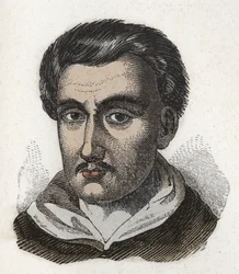 Porträtt av Tommaso Campanella (1568-1639), dominikansk munk och filosof. Gravyr. Privat samling
