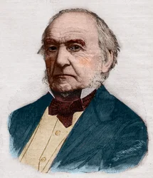 Porträtt av William Ewart Gladstone (1809-1898), brittisk premiärminister och politiker. Gravyr i "" Le petit Parisien"" från 1891. Privat samling.