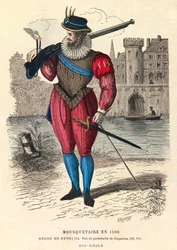 Porträtt av en musketör 1586 i Paris (under kung Henrik III:s regering), gravyr, privat samling - Musketör i Paris