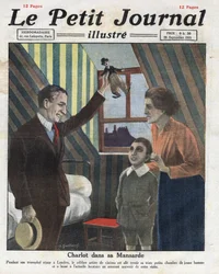Porträtt av skådespelaren Charlie Chaplin som reser till London och besöker sitt tidigare rum, och erbjuder familjens barn en liten docka av Charlot. Illustration hämtad från "" Le petit journal illustrious""" av 23/09/1921. Privat samling