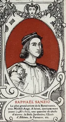 Porträtt av den italienska renässansmålaren Raphael (Raffaello Sanzio 1483-1520). Gravyr från 1914. Privat samling.