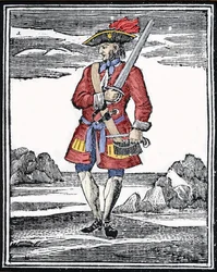 Porträtt av piraten Jack Rackham, kallad den röde eller John Rackham, mer känd som Calico Jack (? 1720). Gravyr