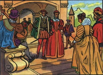 Porträtt av Henrik II (1519-1559) och Catherine de Medici (Caterina de Medici) (1519-1589), kung och drottning av Frankrike. Anonym illustration i ""Samling av Frankrikes suveräner och statschefer"". 1900-talet. Privat samling.