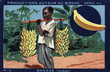 Produktioner runt om i världen: Banana i Gabon. Kromolitografi från 1933 i "" Joseph-Milliat Album""