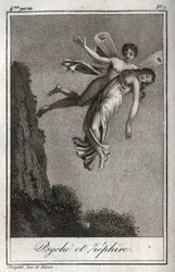 Psyche förs bort av Zephyr. Gravyr från 1819 i "Lettres a Emilie sur la mythologie" av Charles Albert Demoustier (1760-1801). Privat samling.