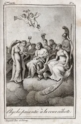 Psyche presenteras för Celestial Court. Gravyr från 1819 i "Lettres a Emilie sur la mythologie" av Charles Albert Demoustier (1760-1801). Privat samling.